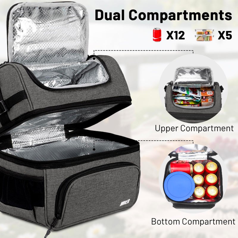 MIER Dual Compartment Lunch Bag Tote with Shoulder Strap for Men and Women Insulated Leakproof Cooler Bag, Grey - Image 2